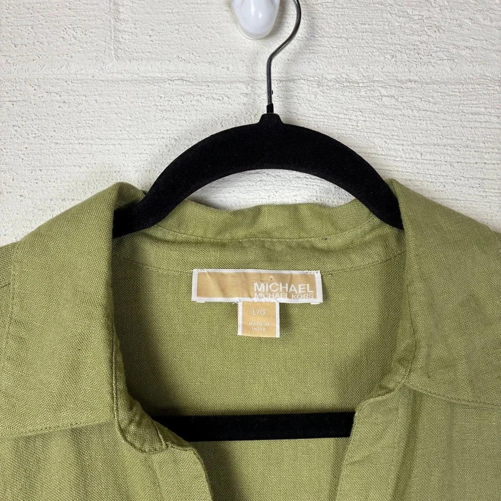 2025 Michael Michael Kors Womens Boxy Linen Blend Button Down Shirt Size L Green